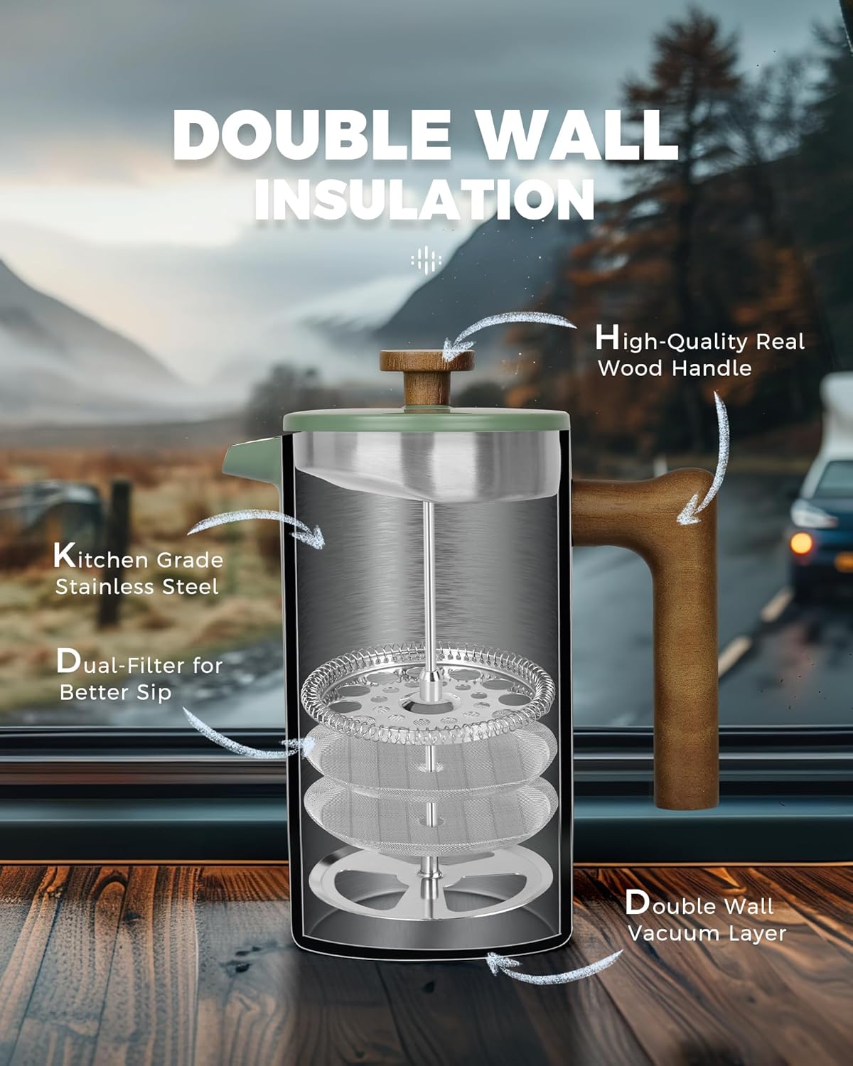 POLIVIAR French Press Coffee Maker, 34 oz Coffee Press with Real Wood Handle, Double Wall Insulation & Dual-Filter Screen, Food Grade Stainless Steel for Good Coffe and Tea (Flatland)