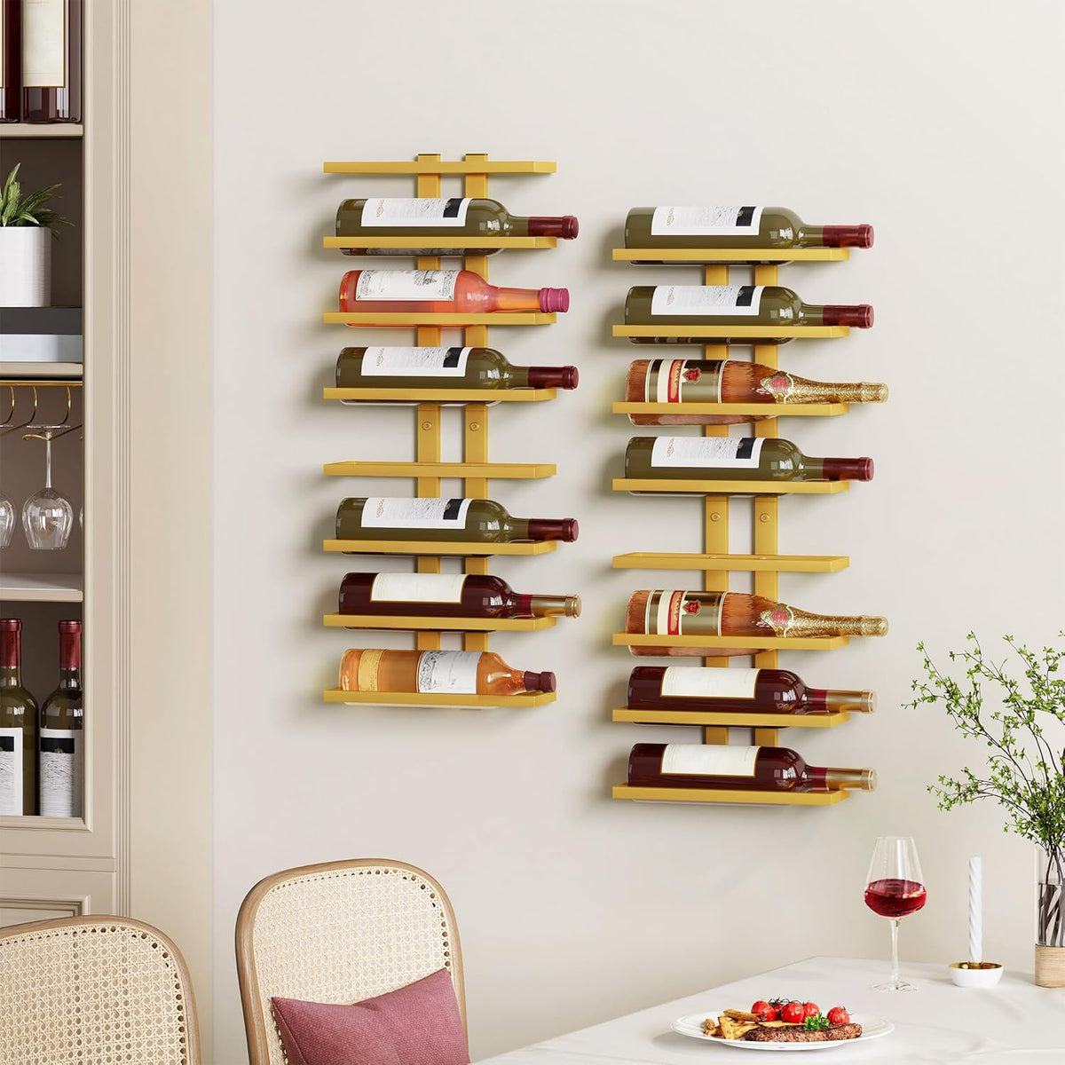 Hoctieon 8 Tier Wall Mount Wine Rack, Wall Racks for Wine Bottles Display and Storage, Hanging Bottle Organizer for Living Room, Dining Room, Wine Cellar, Bar, Gold