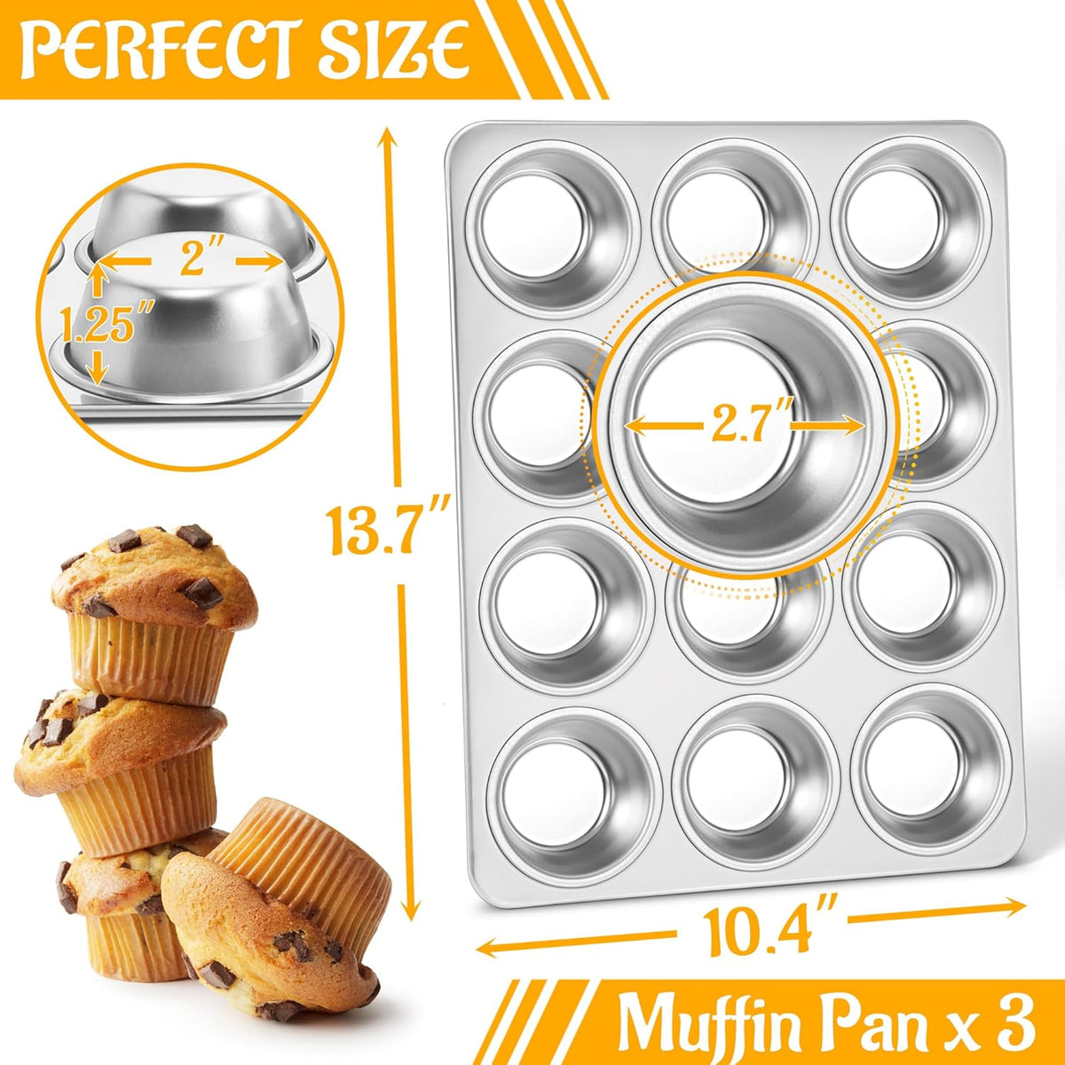 E-far 12-Cup Muffin Pan Set of 3, Stainless Steel Cupcake Pan Tins, Non-Toxic Metal Cupcake Tray for Baking Small Muffin Cakes, Heavy Duty & Regular Size, Rust Free & Dishwasher Safe