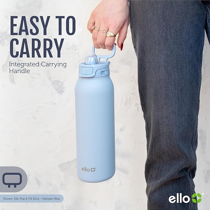 Ello Pop & Fill 32oz Stainless Steel Water Bottle with Quick Fill Technology, Double Walled and Vacuum Insulated Metal, Leak Proof Locking Lid, Sip and Chug, Reusable, BPA Free, Raincloud
