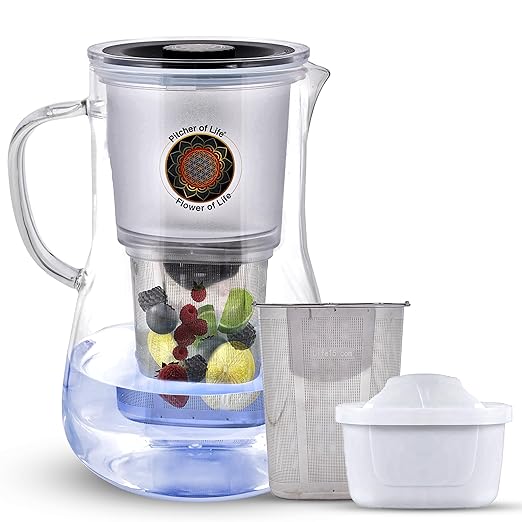 Borosilicate Glass Alkaline Water Pitcher of Life with Stainless Steel Fruit Infuser Glass Water Filter Pitcher with Lid Clearly Filtered Water Pitcher Increases pH NSF/ANSI 42 & 61 Certified Filters