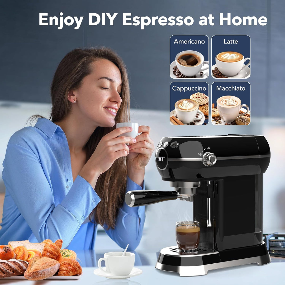 HBN 20Bar Compact Espresso Machine with Milk Frother, 27oz Removable Water Tank for Small Spaces, Fast Heat-Up Home Coffee Maker for Latte, Cappuccino, Americano