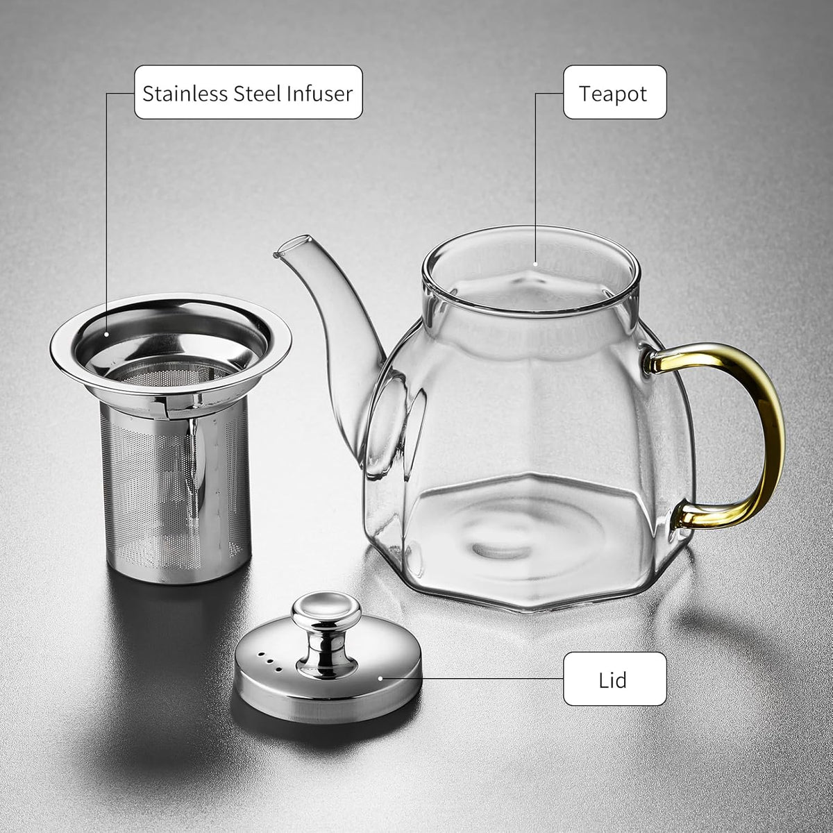 Glass Tea Pot with Stainless Steel Infuser and Lid (Octagonal), Clear Glass Teapot, Borosilicate Hydrochloric Glass Heat Resistant, Fine Glass Filter for Flower Tea, Tea Bags (27 oz / 800 ml)