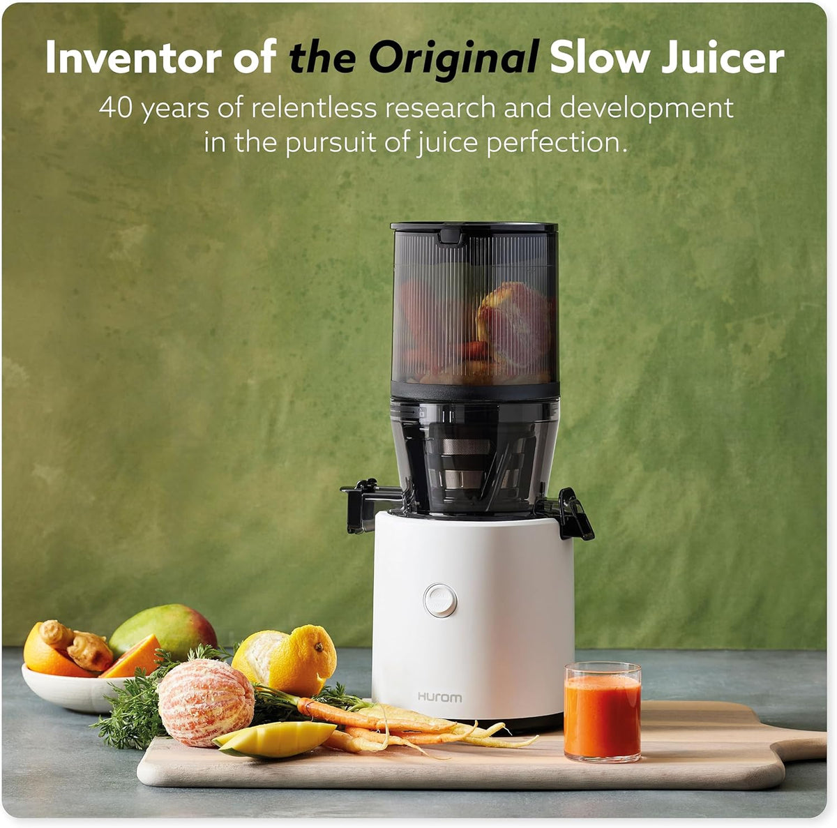 Hurom H320 Cold Press Juicer Machine, Easy to Clean Masticating Slow Juicer, Coarse Strainers, Self-Feeding, Hands Free, Family Size, Quiet Motor, Easy Assembly (White)