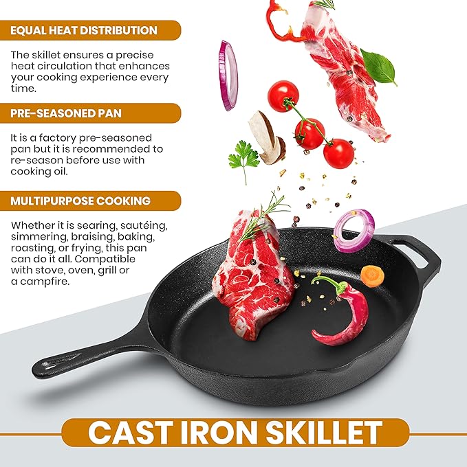 Utopia Kitchen Saute Fry Pan Pre-Seasoned Cast Iron Skillet With Lid, Frying Pan, Cast Iron Pan, Safe Grill Cookware for Indoor & Outdoor Use (1, Black, 10 Inch)
