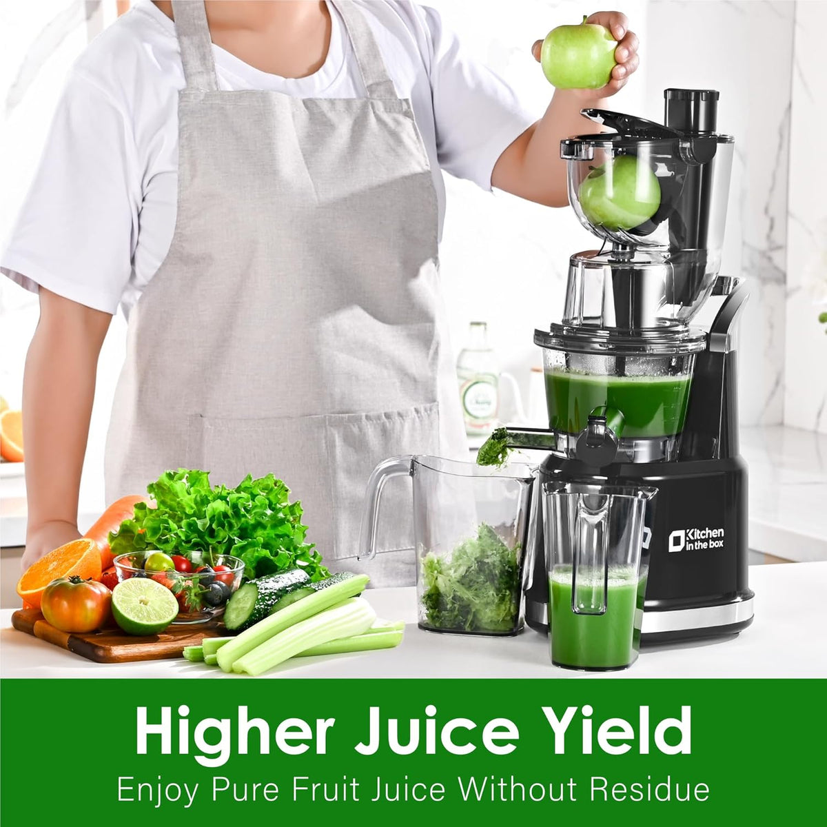 Cold Press Juicer Machines, Kitchen in the Box Slow Masticating Juicers Machine,3.26inch Large Wide Feed Chute Fit Whole Fruits & Vegetables,BPA Free,Easy to Clean (Bright Black)