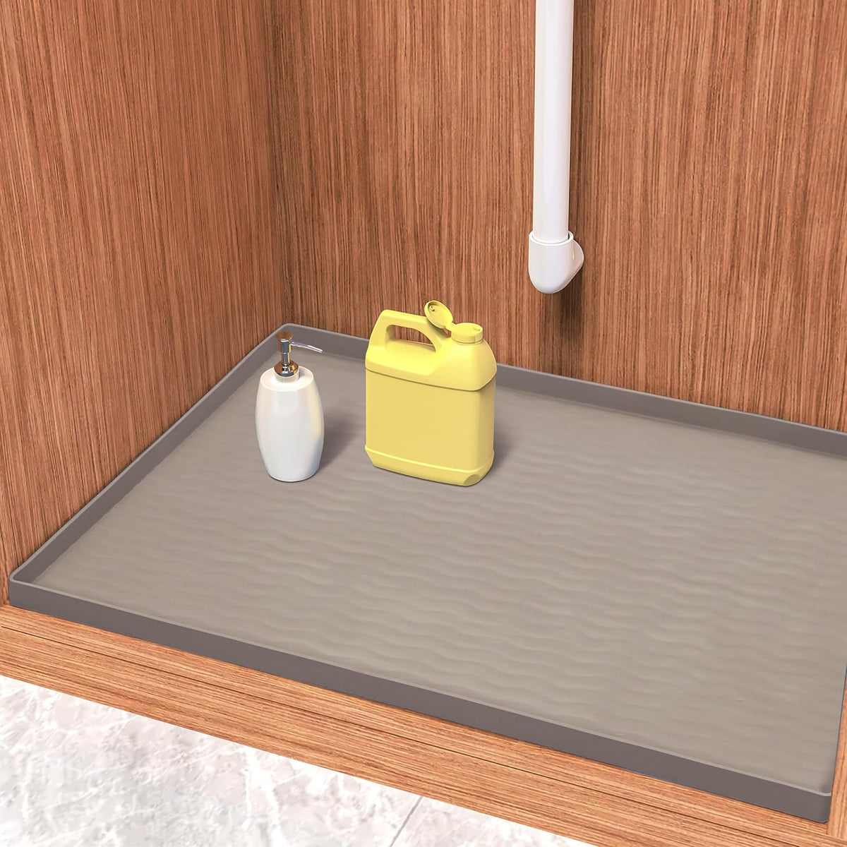 URMONA Waterproof Silicone Under Sink Mat 19'' x 12'' Shelf Liner for Kitchen and Bathroom, Cabinet and Counter Protector, Storage and Organizers, Litter Mat, Pet Cat Puppy Essentials(Beige)