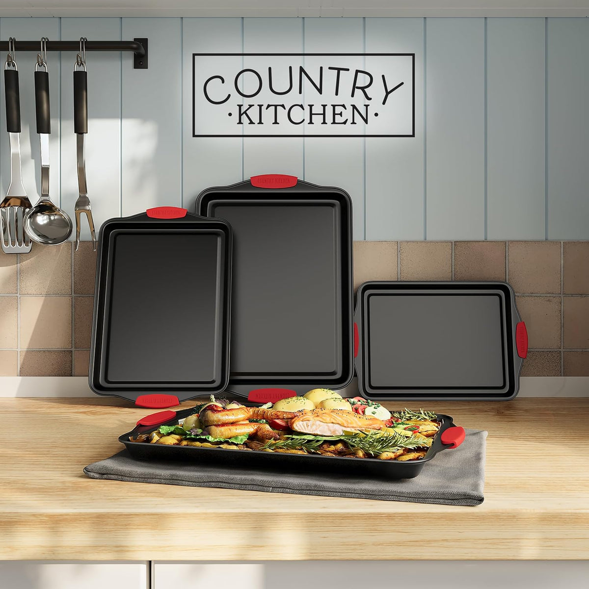 Country Kitchen Nonstick Stackable Bakeware Set - Heavy Duty, Durable, Easy Release Baking Set, Red, 4 Pcs