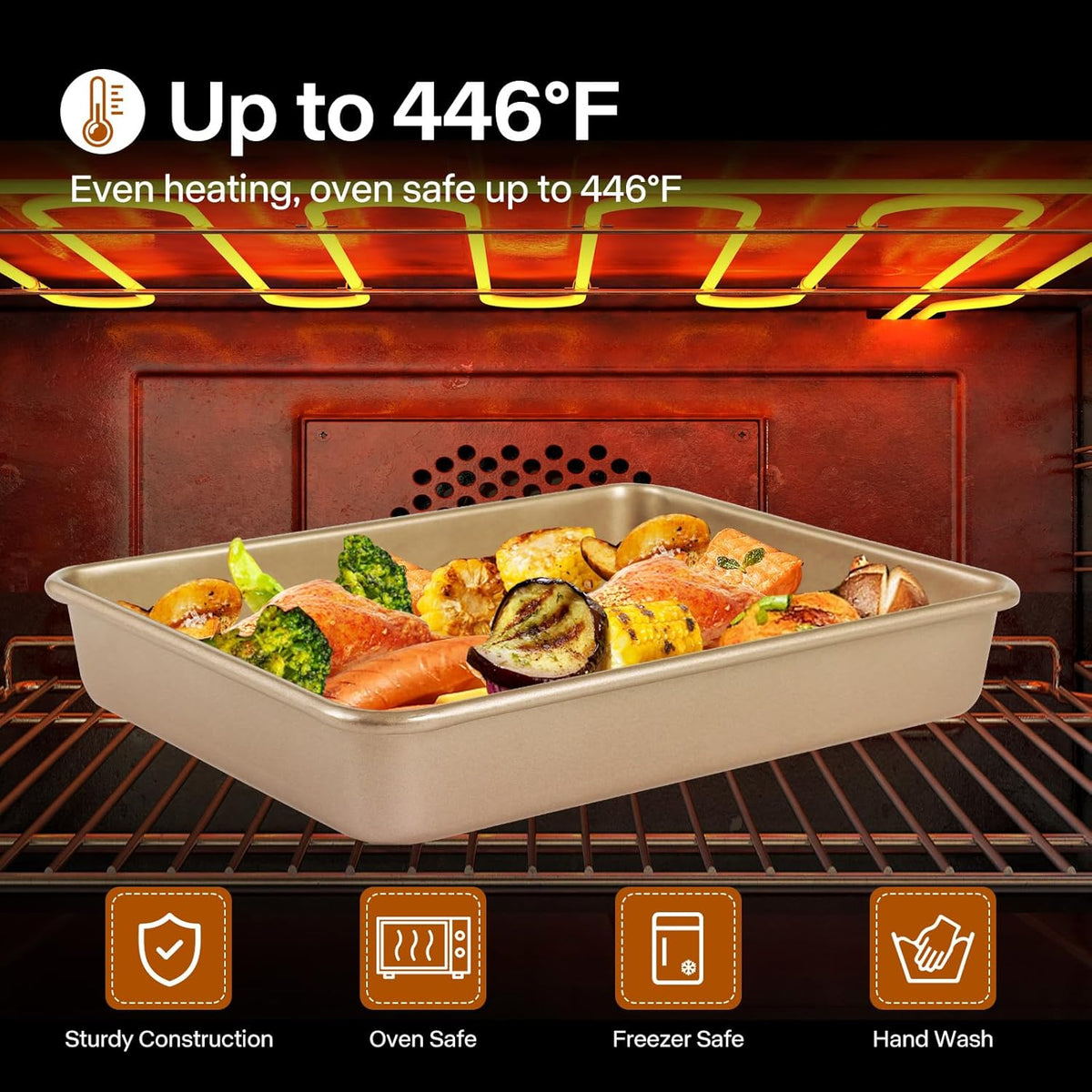 Rectangle Cake Pan, 9x11 Baking Pan, Deep Bread Pan Nonstick, Toaster Oven Tray Bakeware for Brownies, Heavy Duty, 11x9x2 Inch, Pack of 2, Gold, Easy Release