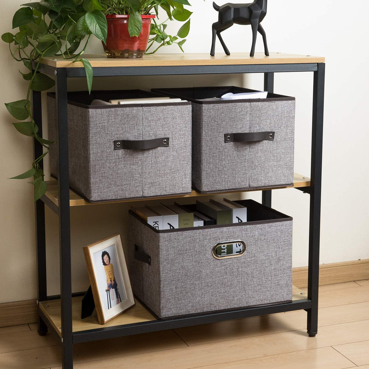 PRANDOM Larger Collapsible Storage Bins for Closet [3-Pack] Decorative Linen Fabric Storage Baskets Cubes with Leather/Metal Handles for Living Room Cloth Grey and Black Trim (17.3x12.2x10.4 Inch)
