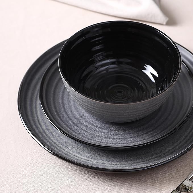 Stone Lain Dua 24-Piece Dinnerware - Stoneware, Plate and Bowls, Dishwasher and Microwave Safe, Dish Set for 8, Black