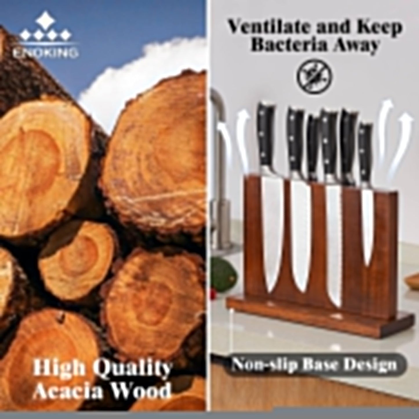 ENOKING Magnetic Knife Block 12.5 x 9 Inches, Double Side Magnetic Knife Holder Built in Three Powerful Magnets Strip, Acacia Wood Universal Knife Storage Organizer for Kitchen Counter
