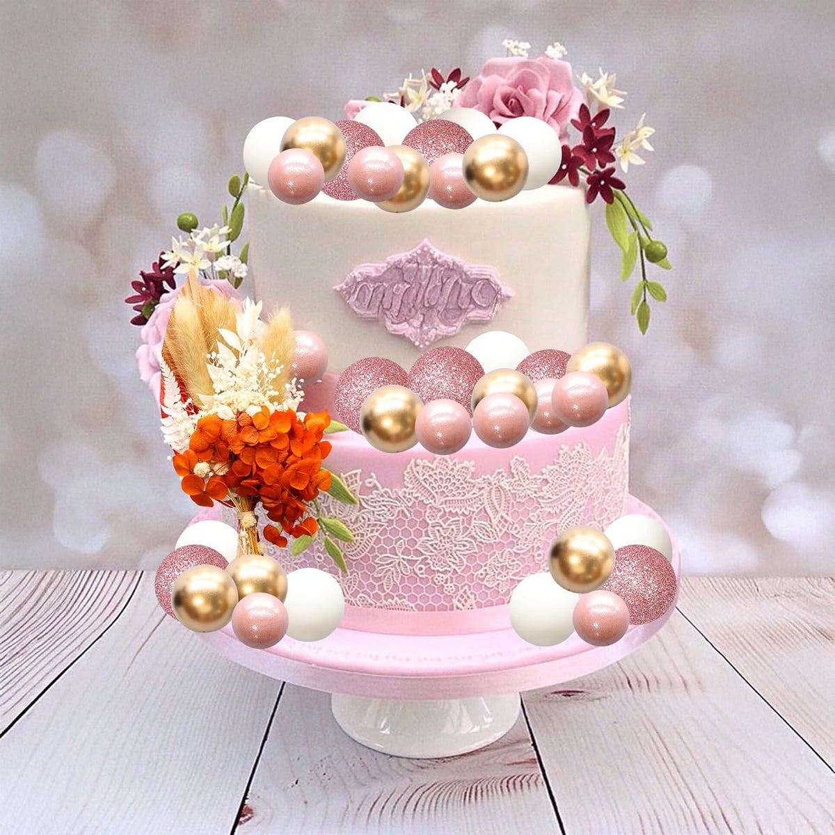 Gyufise 21 Pack Flower Boho Cake Topper Ball Cake Decorations Palm Leaves Plants Cake Decor for Girl Bohemian Princess Theme Wedding Baby Shower Birthday Party Supplies Rose Gold