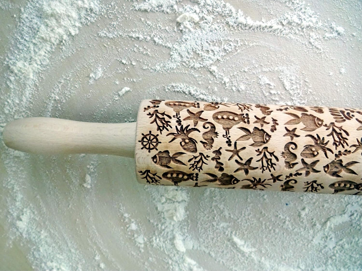 DEEP OCEAN EMBOSSING ROLLING PIN LASER ENGRAVED WITH DEEP OCEAN SYMBOLS GIFT FOR FRIEND