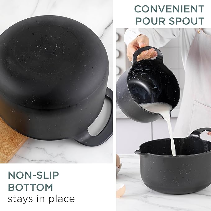 COOK WITH COLOR Nesting Plastic Mixing Bowl Set with Pour Spouts and Handles, Black Speckled, 4 Piece Non-Slip