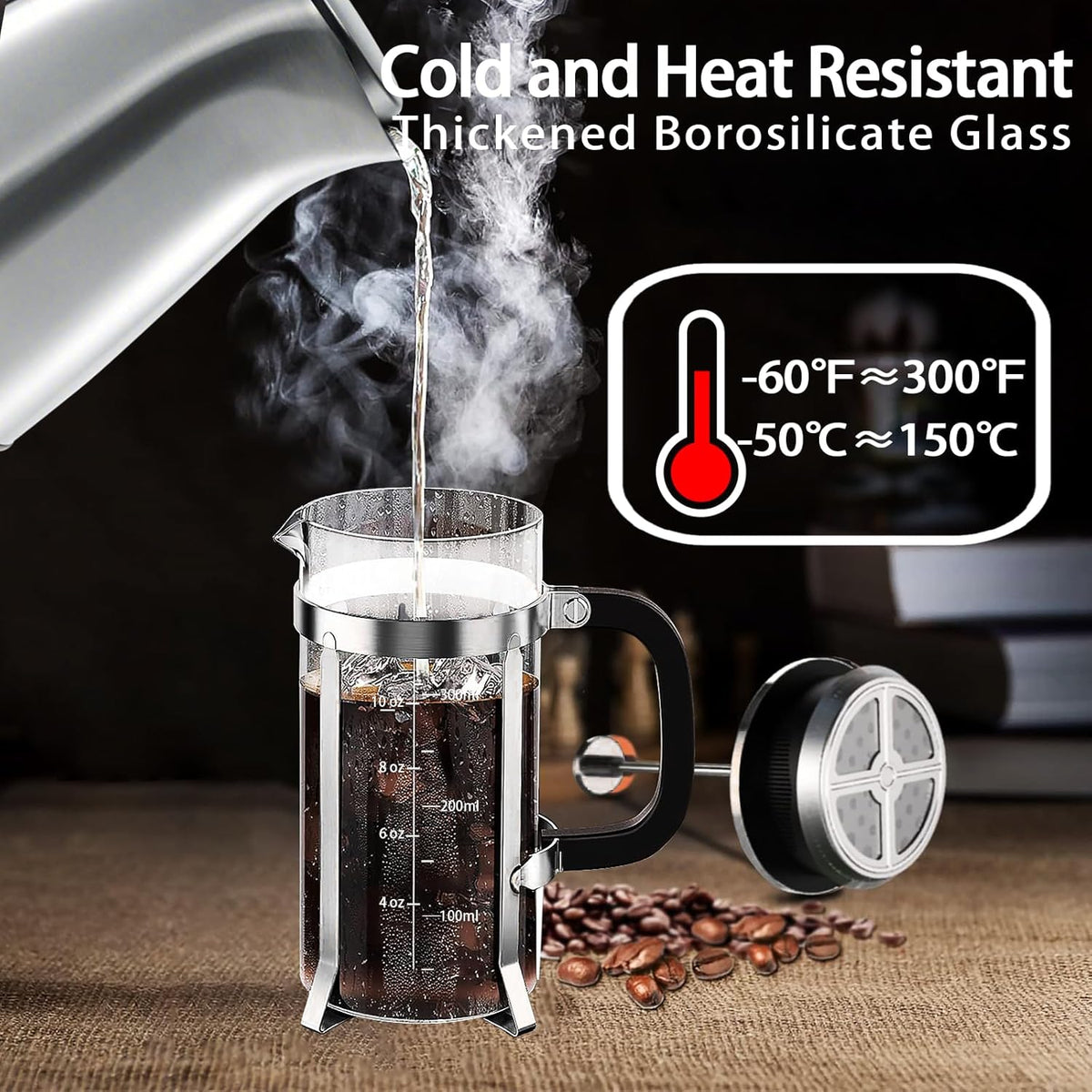 French Press Coffee Maker 304 Stainless Steel Coffee Press,with 4 Filters System, Heat Resistant Thickness Borosilicate French Press Glass, BPA-Free Brewed Tea Pot Coffee Plunger(Copper 12oz)