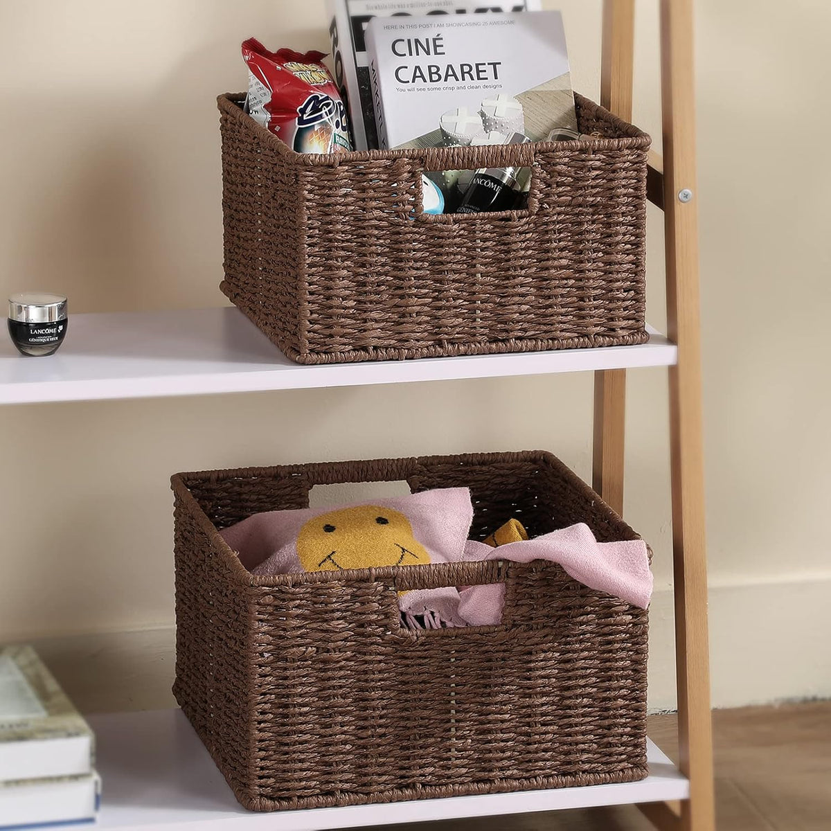 HOONEX Storage Baskets for Organizing, Decorative Round Paper Rope Woven Baskets for Storage with Carrying Handles, Set of 2, Dark Brown