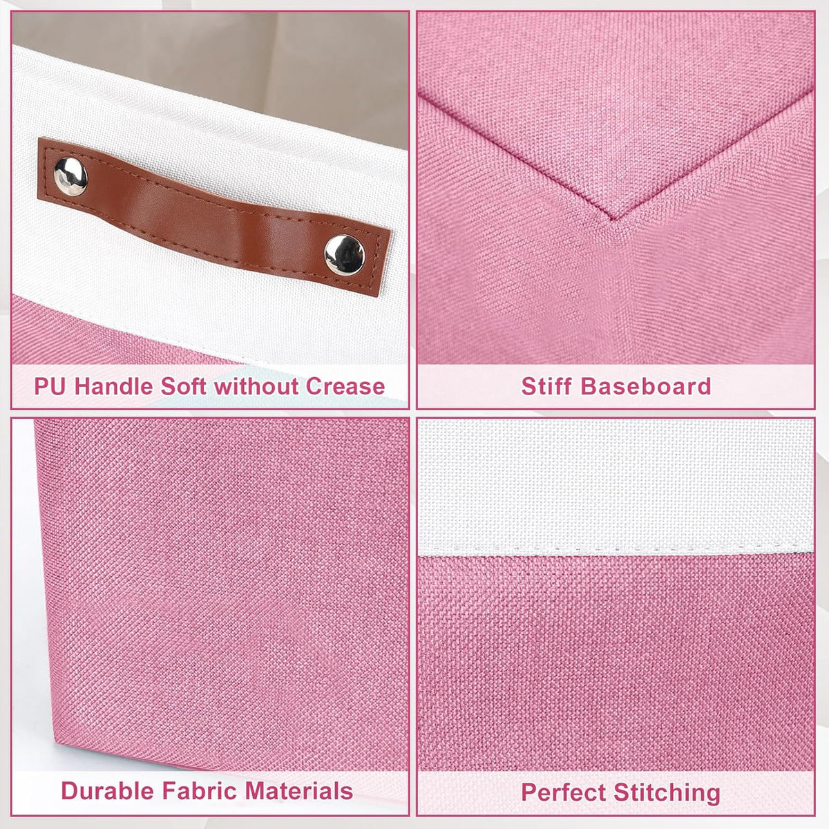Large Fabric Storage Baskets | 50L Storage Bins, Decorative Linen Closet Baskets with Handles for Organizing, Shelf, Toys, Clothes, Home, Office, Nursery, 17x12x15Inches (Pink&White)