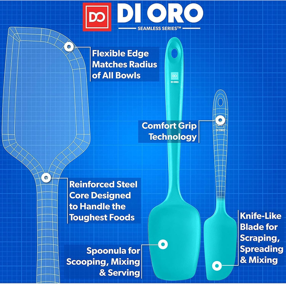 DI ORO Silicone Spatula Set - Rubber Kitchen Spatulas for Baking, Cooking, & Mixing - 600°F Heat-Resistant & BPA Free Silicone Scraper Spatulas for Nonstick Cookware - Dishwasher Safe (5pc, Teal)