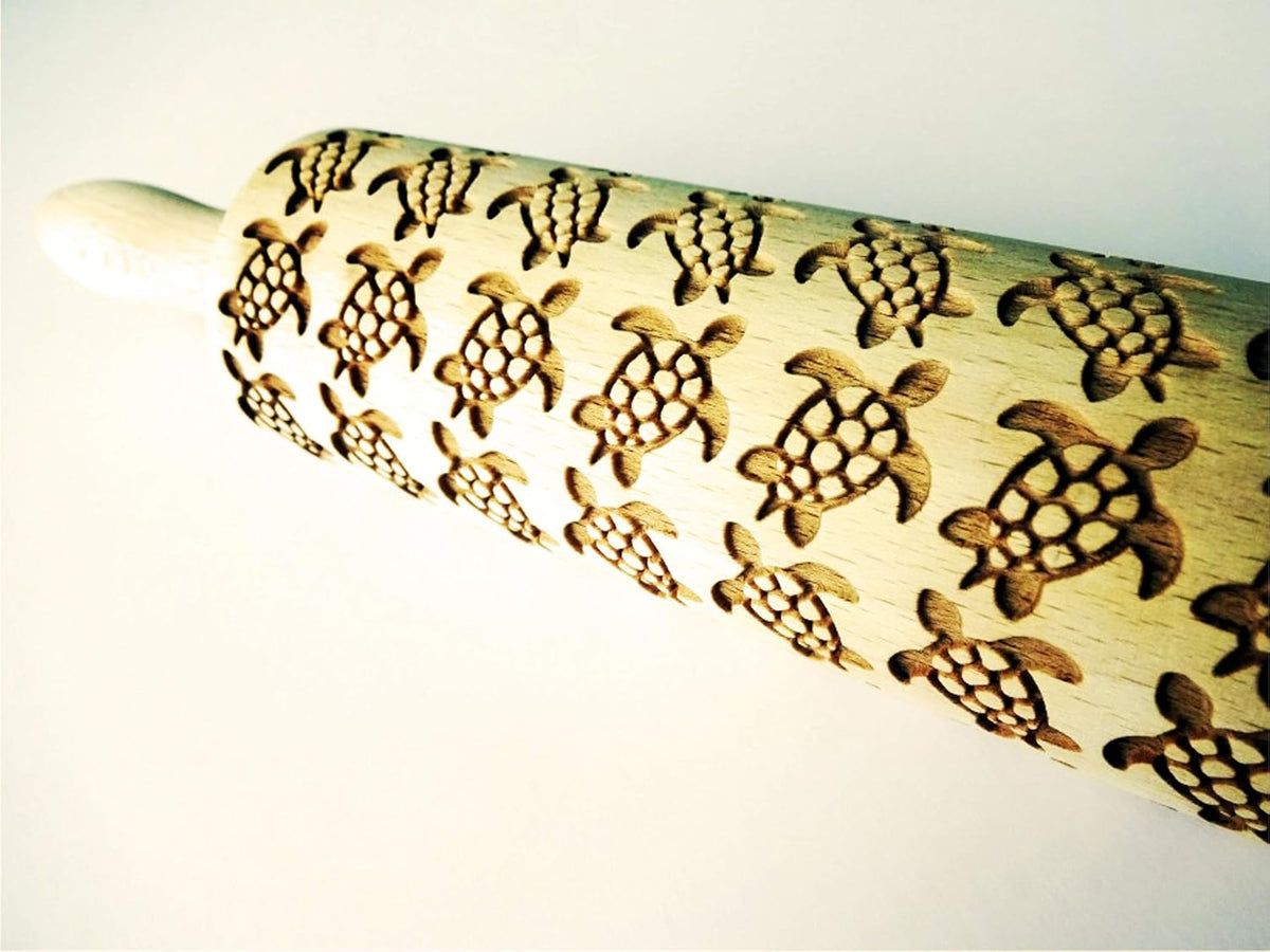 TURTLES EMBOSSING ROLLING PIN LASER ENGRAVED WOODEN DOUGH ROLLER with TURTLES COOKIES DECORATING ROLLER