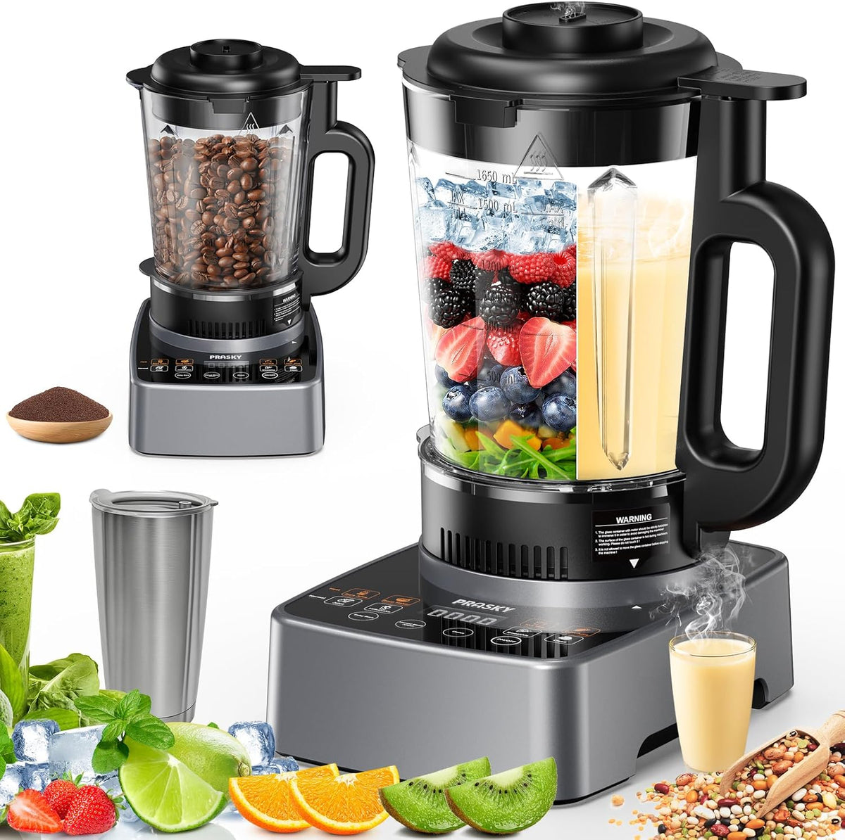 Blenders for Kitchen with Heating, PRASKY 1000W Professional Glass Blender 55oz, 1000 RPM High Speed Shake Juice for Smoothies Blender Keep Warm, Auto Clean for Ice Crushing Soups Sauces (Sliver)