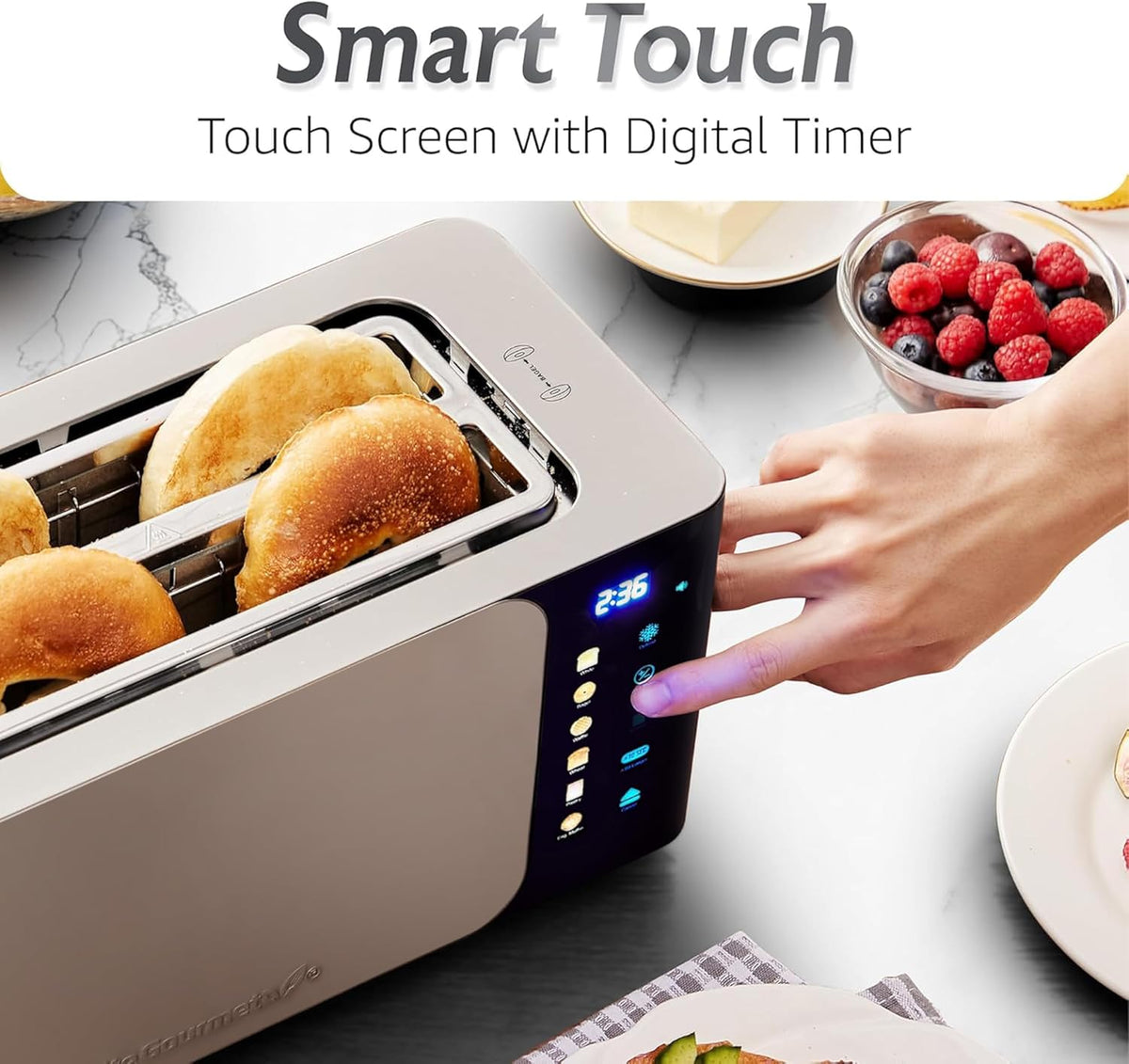 Elite Gourmet ECT5924D SmartToast Digital Long Slot 4 Slice Toaster, 1.5” Wide Slots for Thick Breads & Bagel Function, LED Touch Screen, Countdown Timer, 6 Shades, Stainless Steel