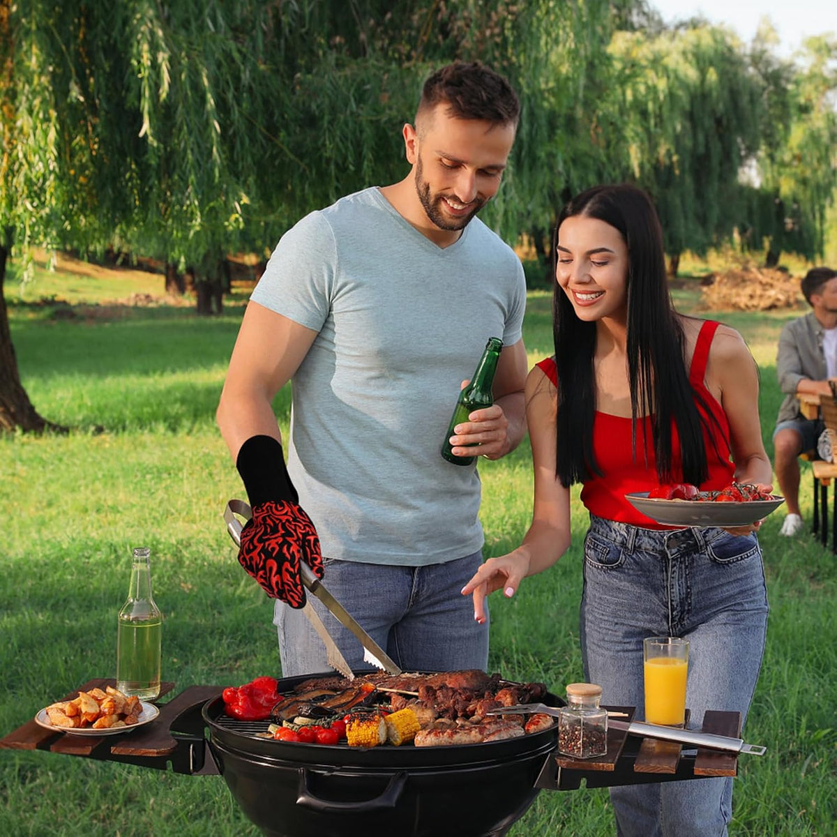 UBeesize Lengthen BBQ Gloves (Phoenix), 1472°F Heat Resistant Grill Glove, 14 inch Fireproof Oven Gloves for Cooking, Non-Slip Fire Glove for Grilling, Barbecue, Smoker, Baking, Frying