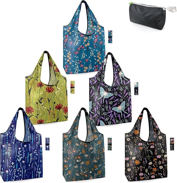 BeeGreen Aesthetic Tote Bags Flowering Shrub Gifts for Women Travel Floral Reusable Grocery Bags Shopping Bags Bulk 6 Pack 50LBS X-Large Foldable-Machine Washable