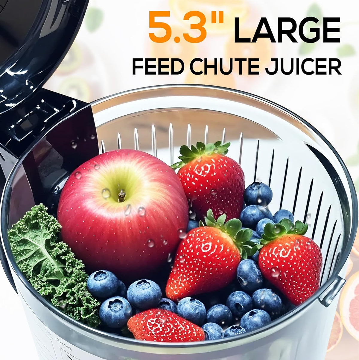 Cold Press Juicer Machines, 5.3” Large Feed Chute Slow Masticating Juicer for Whole Fruits & Vegetables, 300W Quiet Juice Extractor, Easy to Clean, Anti-Clog, No Drip, 99% High Juice Yield
