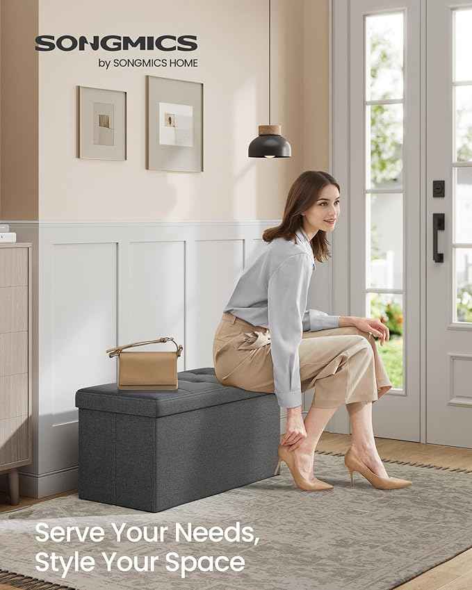SONGMICS MAZIE Collection - 30 Inches Folding Storage Ottoman Bench, Ottoman Foot Rest, End of Bed Bench, Storage Chest, Load 660 lb, for Living Room, Bedroom, Entryway, Dark Gray ULSF47K