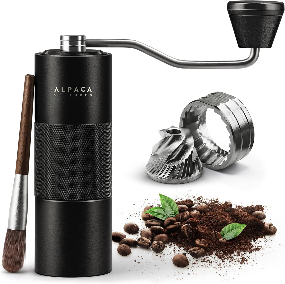 Manual Coffee Grinder by Alpaca Ventures - Stainless Steel Conical Burr Coffee Grinder Manual with Adjustable Setting Double Bearing Hand Espresso Grinder Perfect for Home, Office and Camping