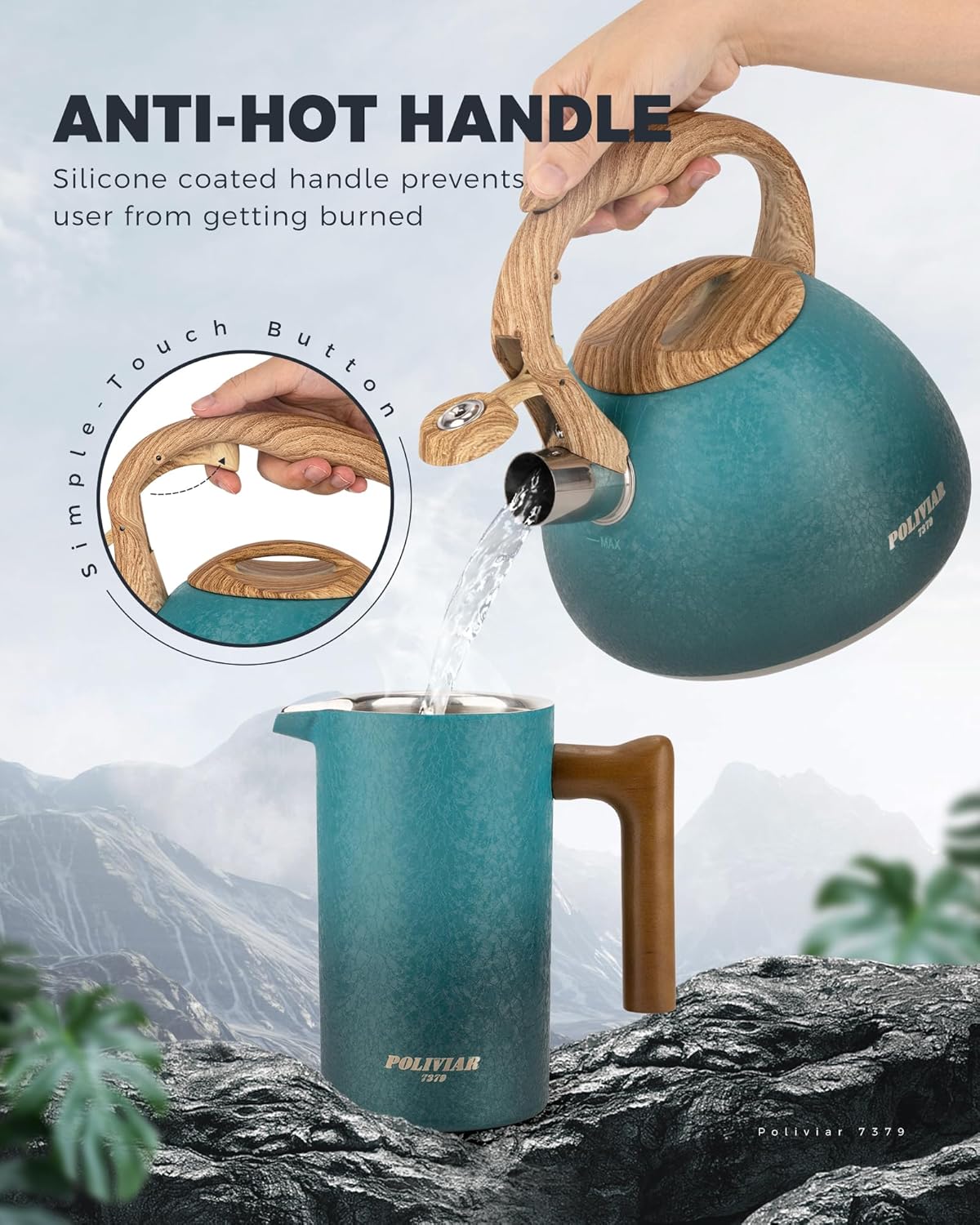 POLIVIAR Tea Kettle, 2.7 Quart Stovetop Tea Kettle, Audible Whistling Teapot with Crackle Finish, Food Grade Stainless Steel for Anti-Rust, Anti Hot Handle, Suitable for All Heat Sources (JX2023-LYD)