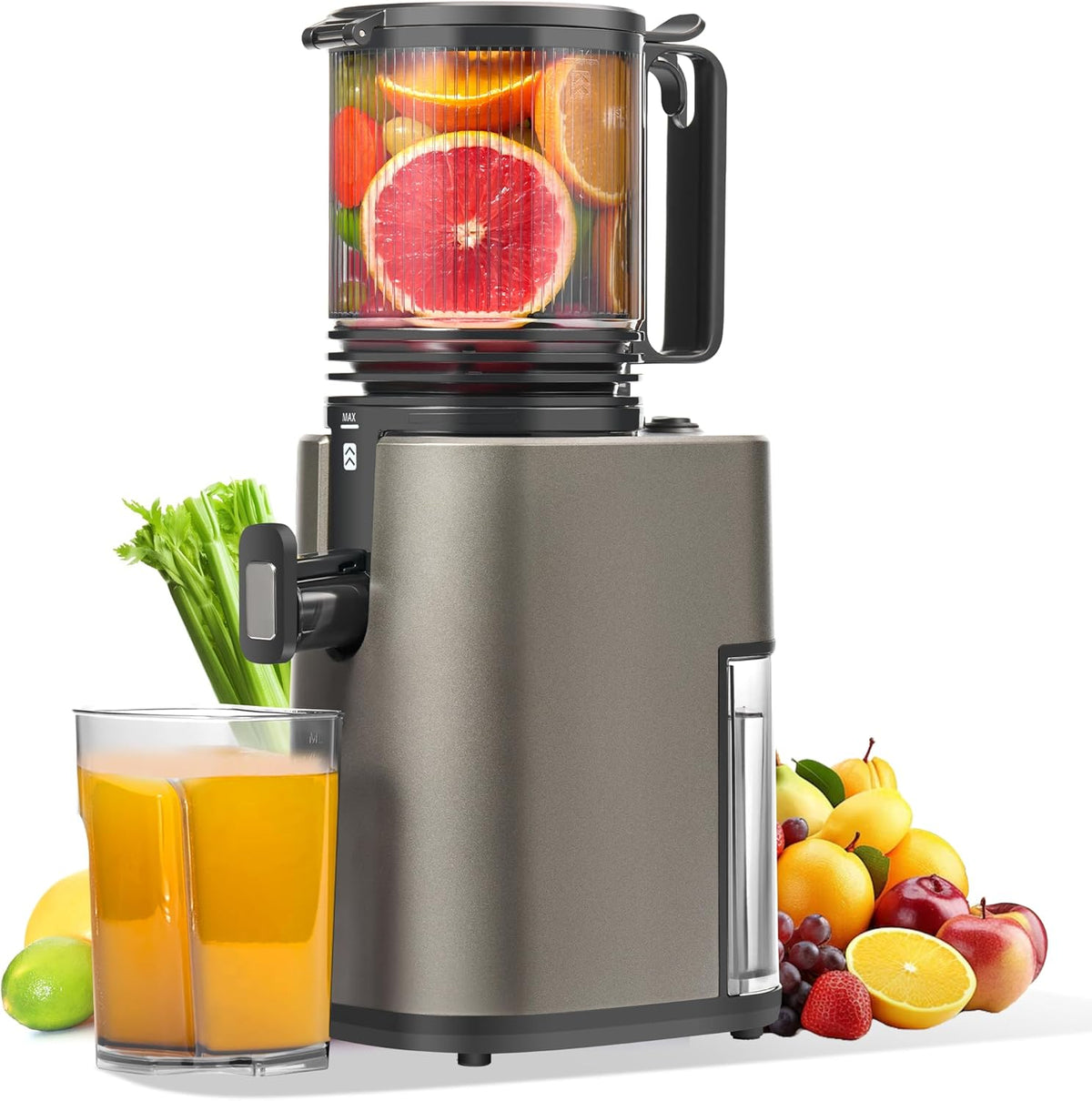 Cold Press Juicer, 5.4" Wide Feed Chute Juicer Machines for Vegetable and Fruit, Slow Masticating Juicer with AC Moter, Easy to Clean, AC-Grey