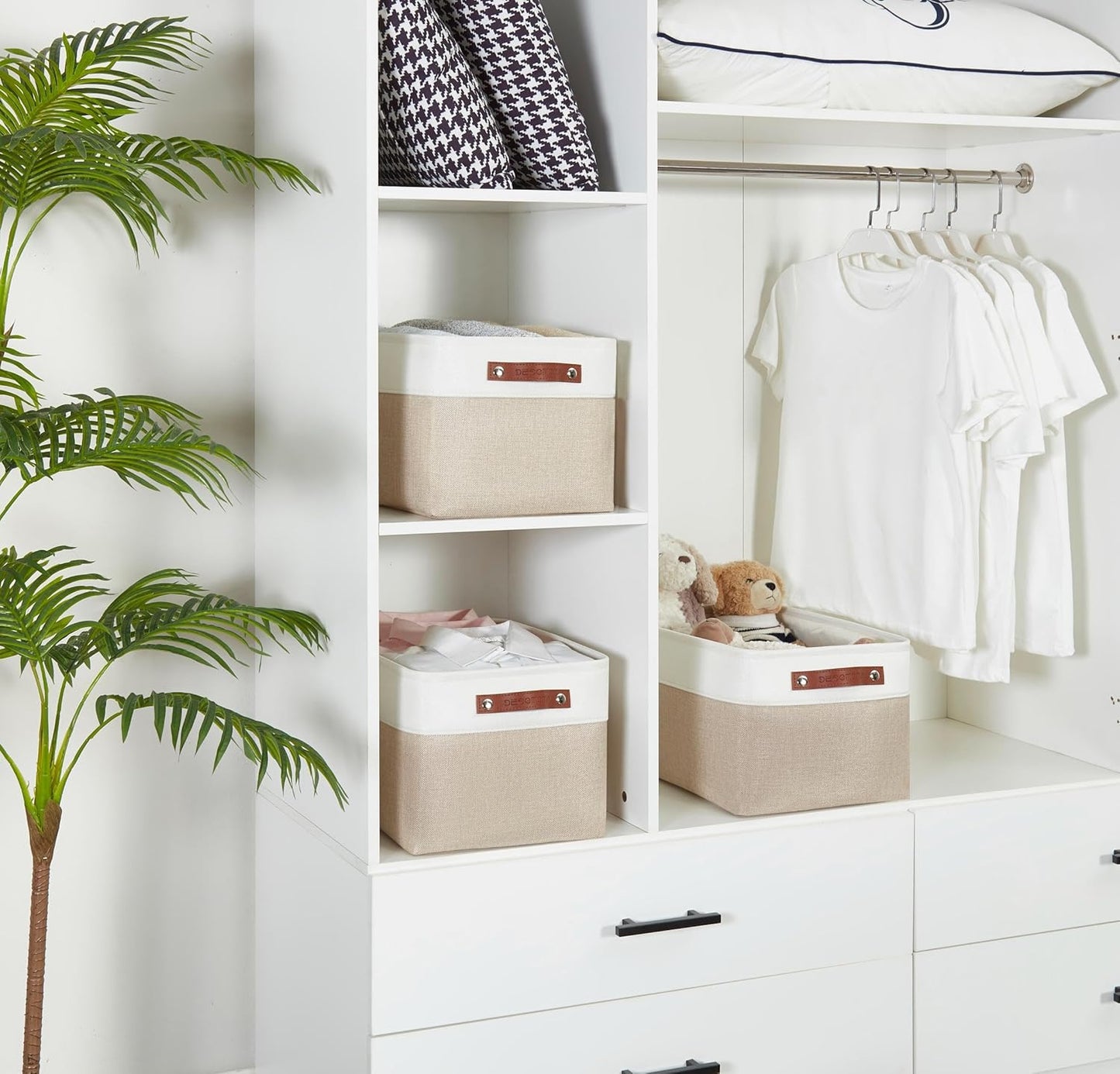 DECOMOMO Storage Baskets for Shelves - Fabric Storage Bins, Linen Closet Organizers and Storage (Beige & White, Large - 3 Pack)