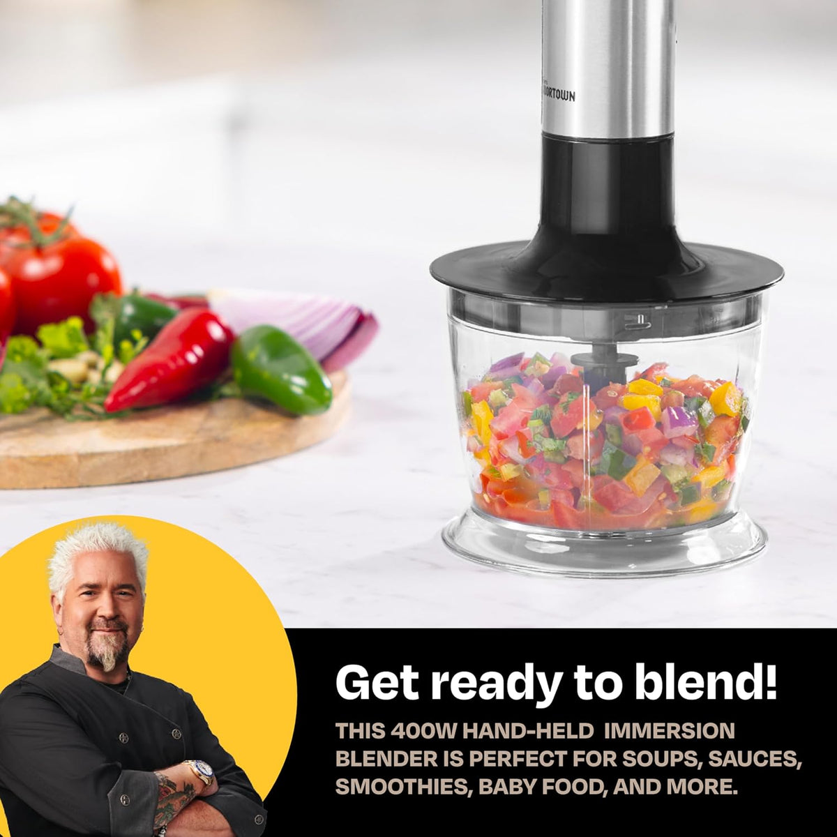 Guy Fieri's Flavortown Immersion Blender with DynamicShaft Technology, 400W & One-Hand Speed Control – Perfect for Soups, Sauces, Smoothies, Baby Food & More – Hand Blender & Electric Whisk