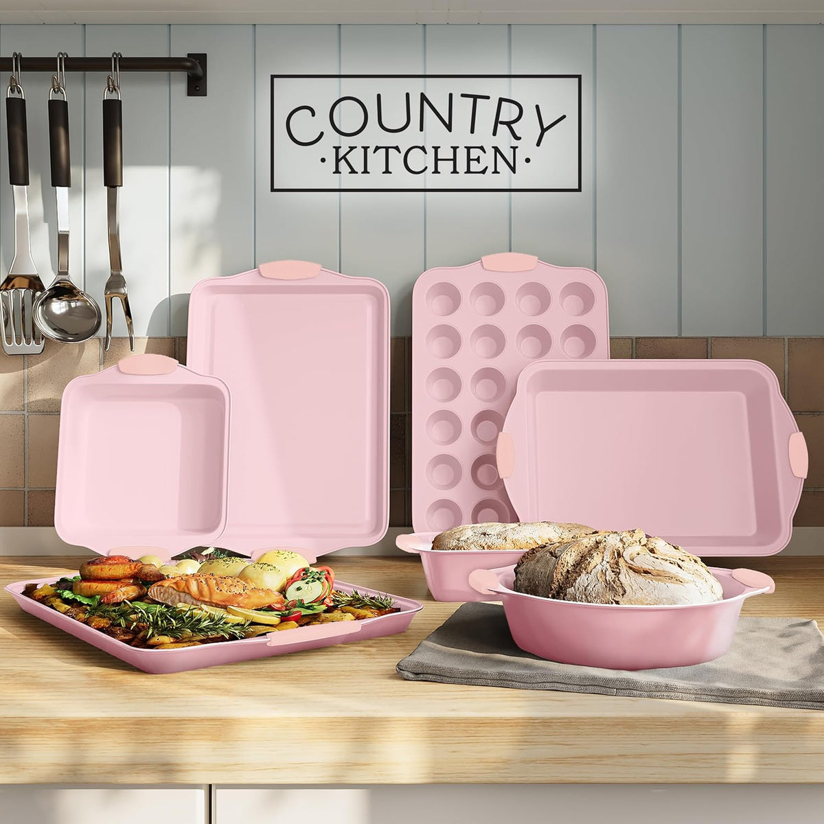 Country Kitchen Nonstick Stackable Bakeware Set - Heavy Duty, Durable, Easy Release Baking Set, Pink, 10 Pcs