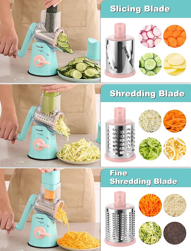 Geedel Rotary Cheese Grater Cheese Shredder - Upgraded 5-in-1 Cheese Grater with Handle and Strong Suction Base, Multi-purpose Vegetable Slicer Ice Shaver Nuts Grinder for Ice, Vegetables, Fruit, Nuts
