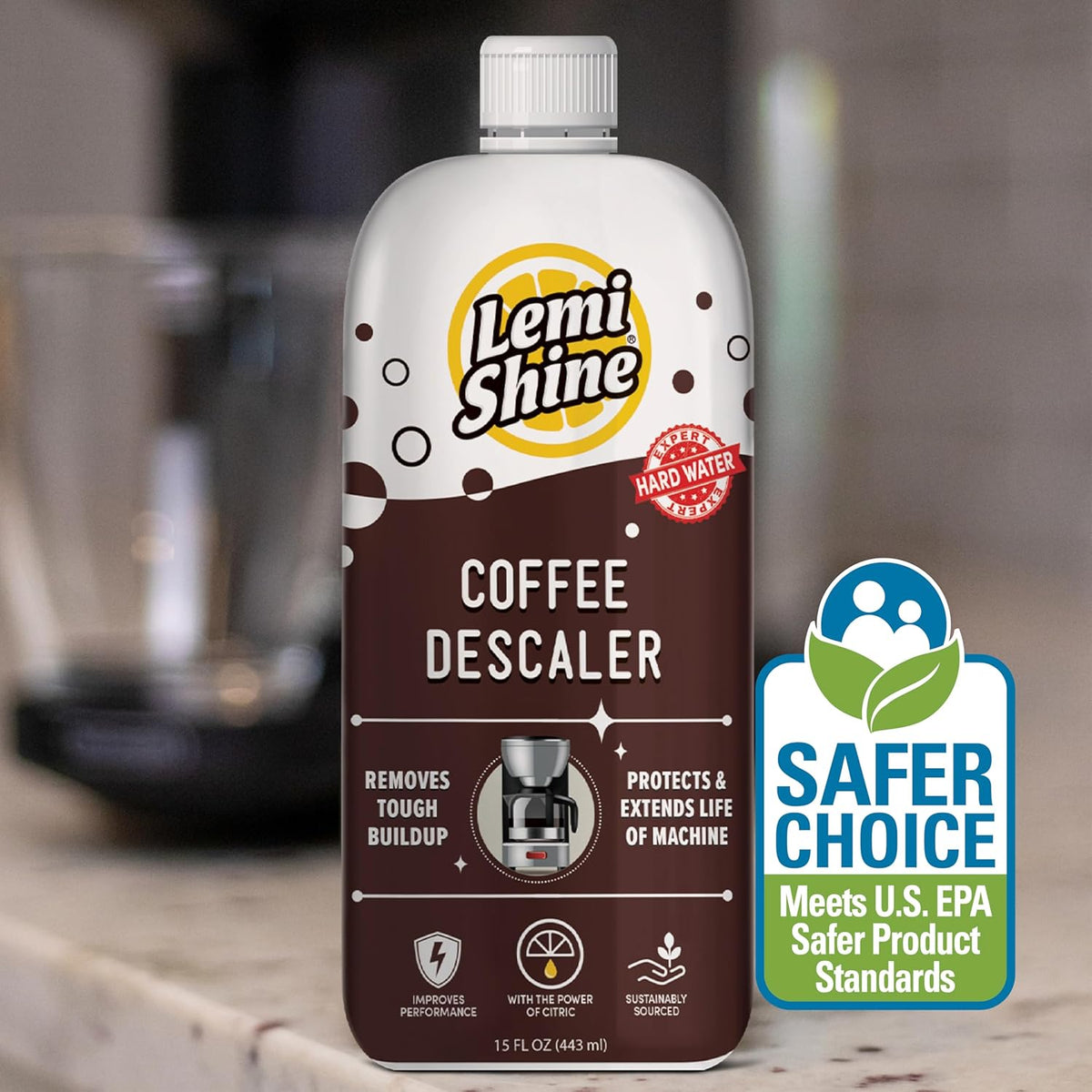 Lemi Shine Coffee Machine Descaler With Powerful Citric Acid | Coffee Maker Cleaning Supplies | Universal Cleaner Works For Nespresso, Keurig, Breville, & More, 4 Uses - 15 oz. Bottle