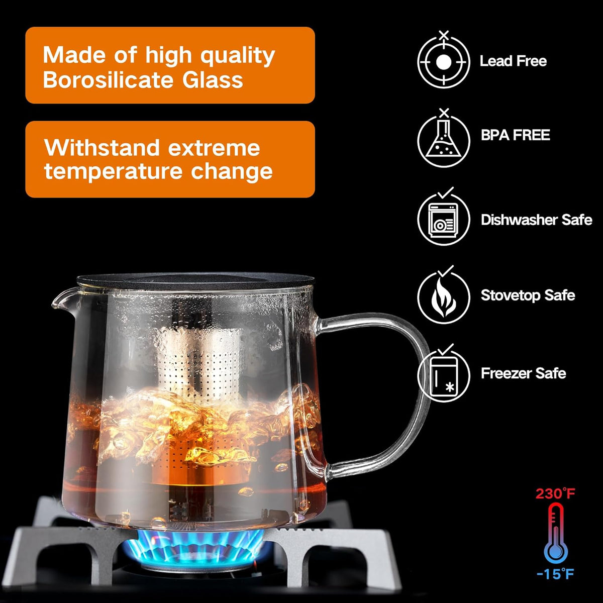 Glass Teapot 51oz/1500ml with Removable Stainless Steel Infuser Tea pot, Heatproof Borosilicate Glass Tea Make, Stovetop Safe Glass Tea Kettle for Loose and Blooming Leaf Tea