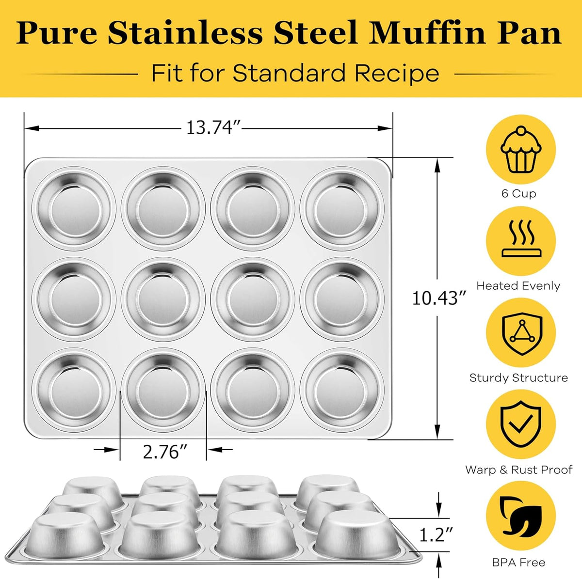 Homikit 1 Pack Muffin Pan, Stainless Steel Cupcake Tin with 12 Cups Regular Size, 13.8" x 10.4" Nonstick Metal Egg Bites Tray for Oven Baking, Non Toxic & Rust Free, Easy Release & Dishwasher Safe