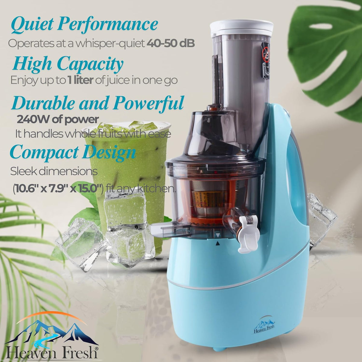 Cold Press Slow Masticating Juicer, Ultra-Quiet 240W Motor, Maximized Juice Yield, Included Frozen Dessert Strainer, Drip-Free Cap - Teal