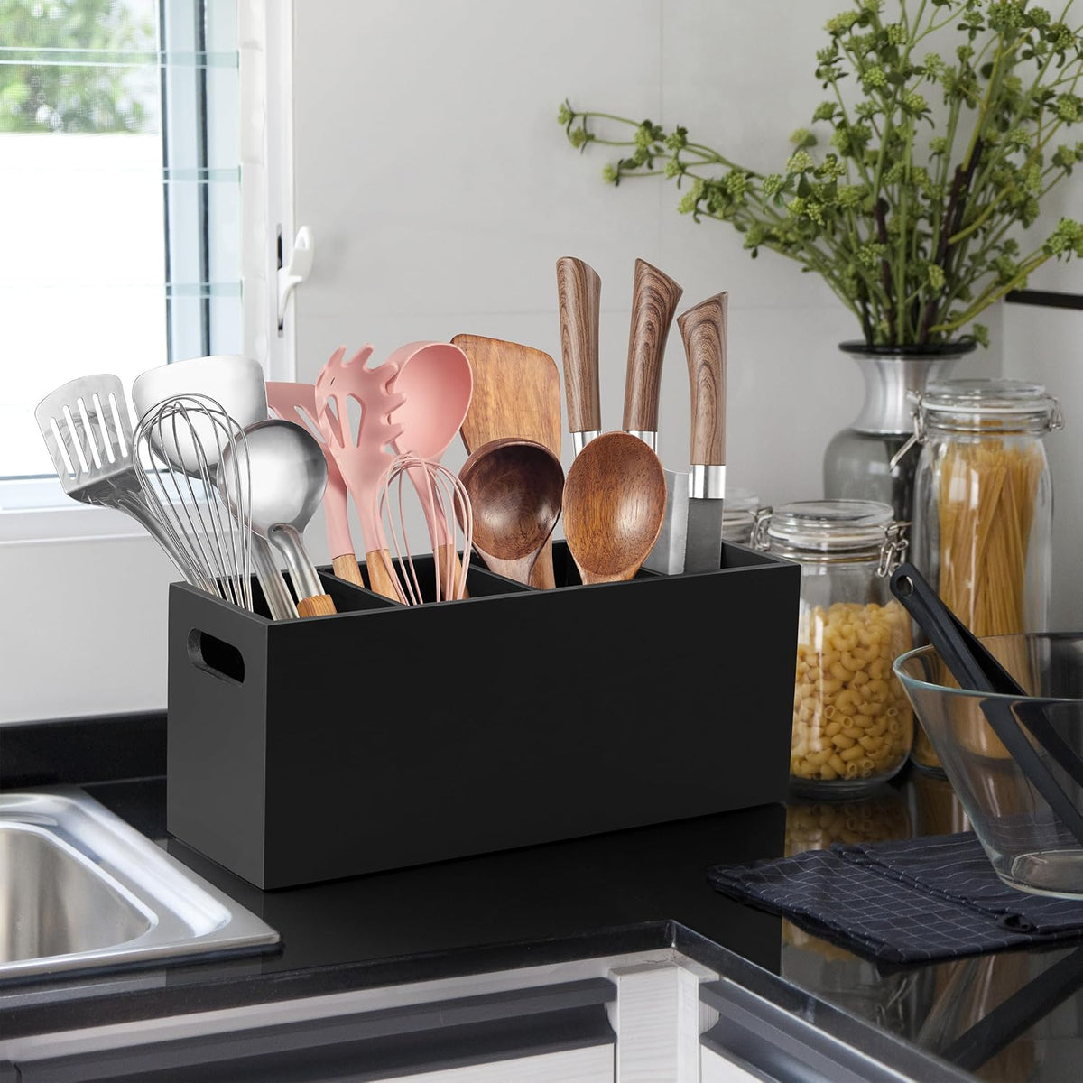 ALELION Large Utensil Holder with Removable Divider - 4 Compartment Wooden Utensil Caddy Organizer for Kitchen Counter - Black Cooking Utensil Crock for Countertop