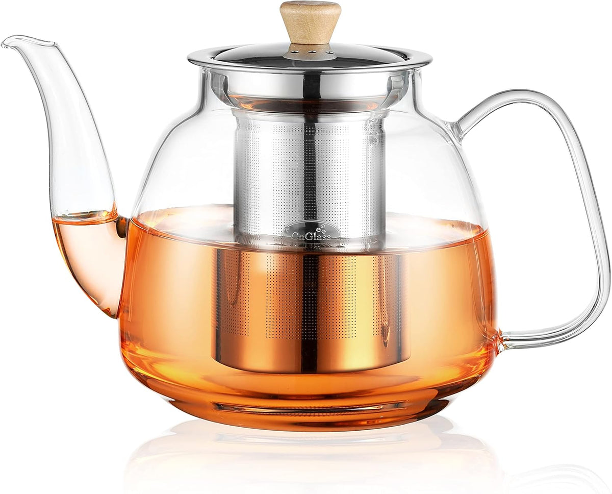 CNGLASS Glass Teapot with Removable Infuser 1100ml(37.5oz),Clear Tea Kettle Stovetop Safe,Blooming and Loose Leaf Tea Maker