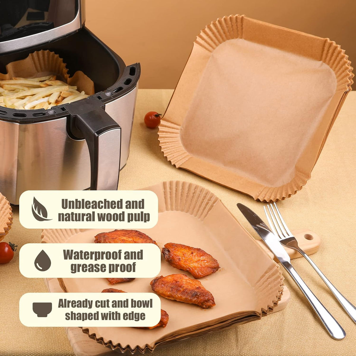 Disposable Paper Liner Square 250 Pcs for 5 to 8 Qt Air Fryer Baskets, Non-stick Oil-proof Parchment Liner Cooking Paper