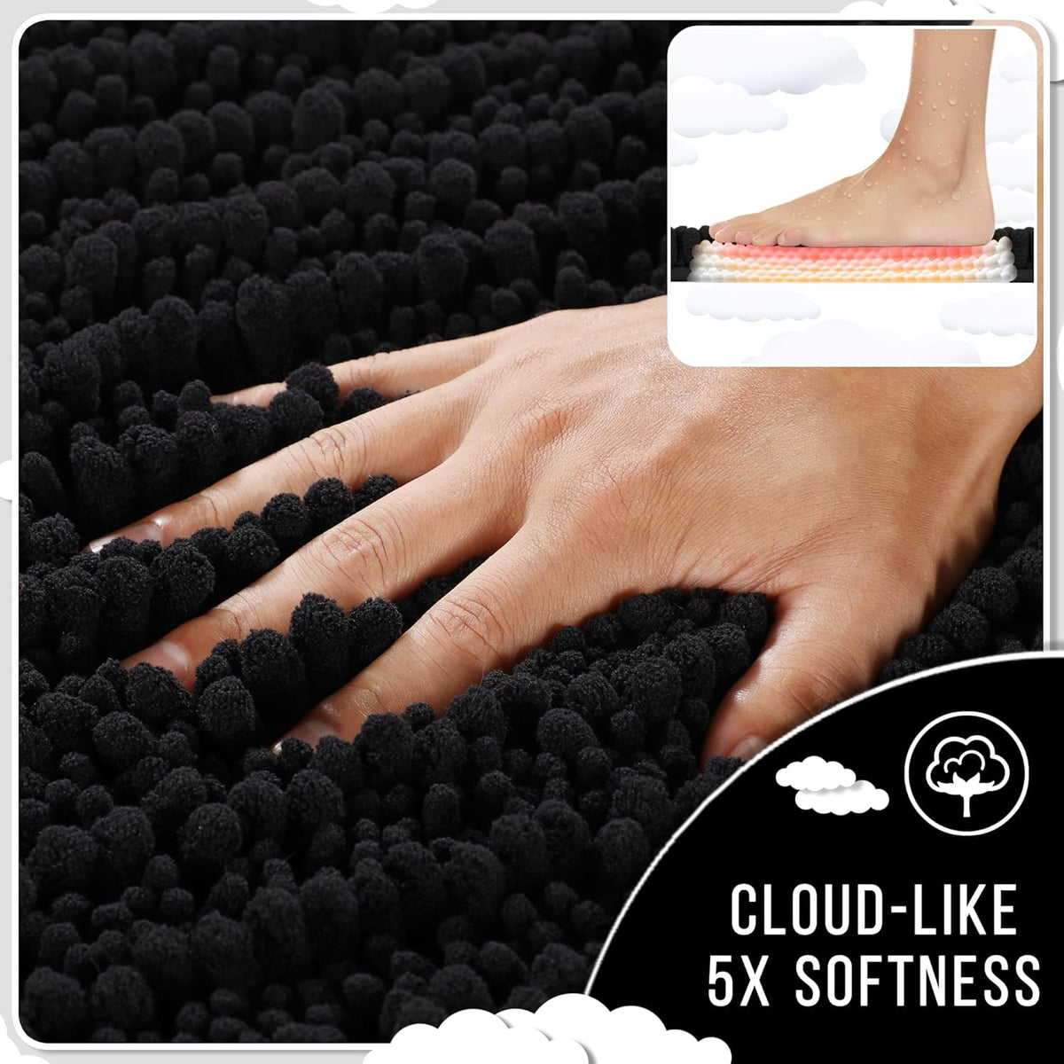 Yimobra Bathroom Rugs Non Slip Washable 32x20 Inch - Ultra Soft Absorbent Chenille Bath Mat, Quick Dry Shaggy Floor Carpet for Tub Shower, Black Home Decor Accessories