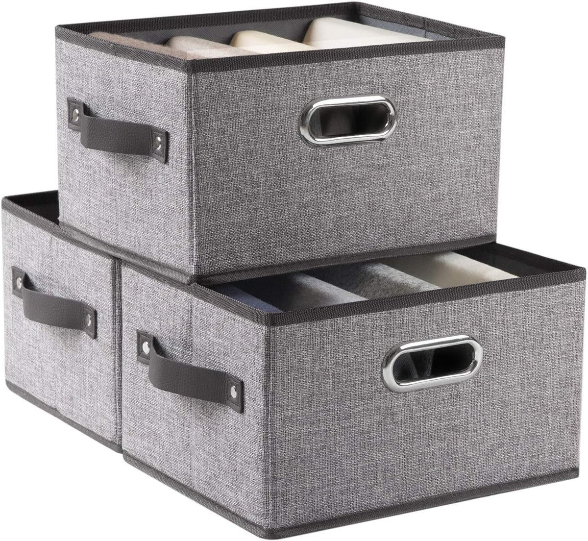PRANDOM Fodable Storage Bins for Closet [3-Pack] Decorative Fabric Storage Baskets Cubes with Leather/Metal Handles for Shelves Bedroom Living Room Grey (11.5x8.5x6.7 Inch)