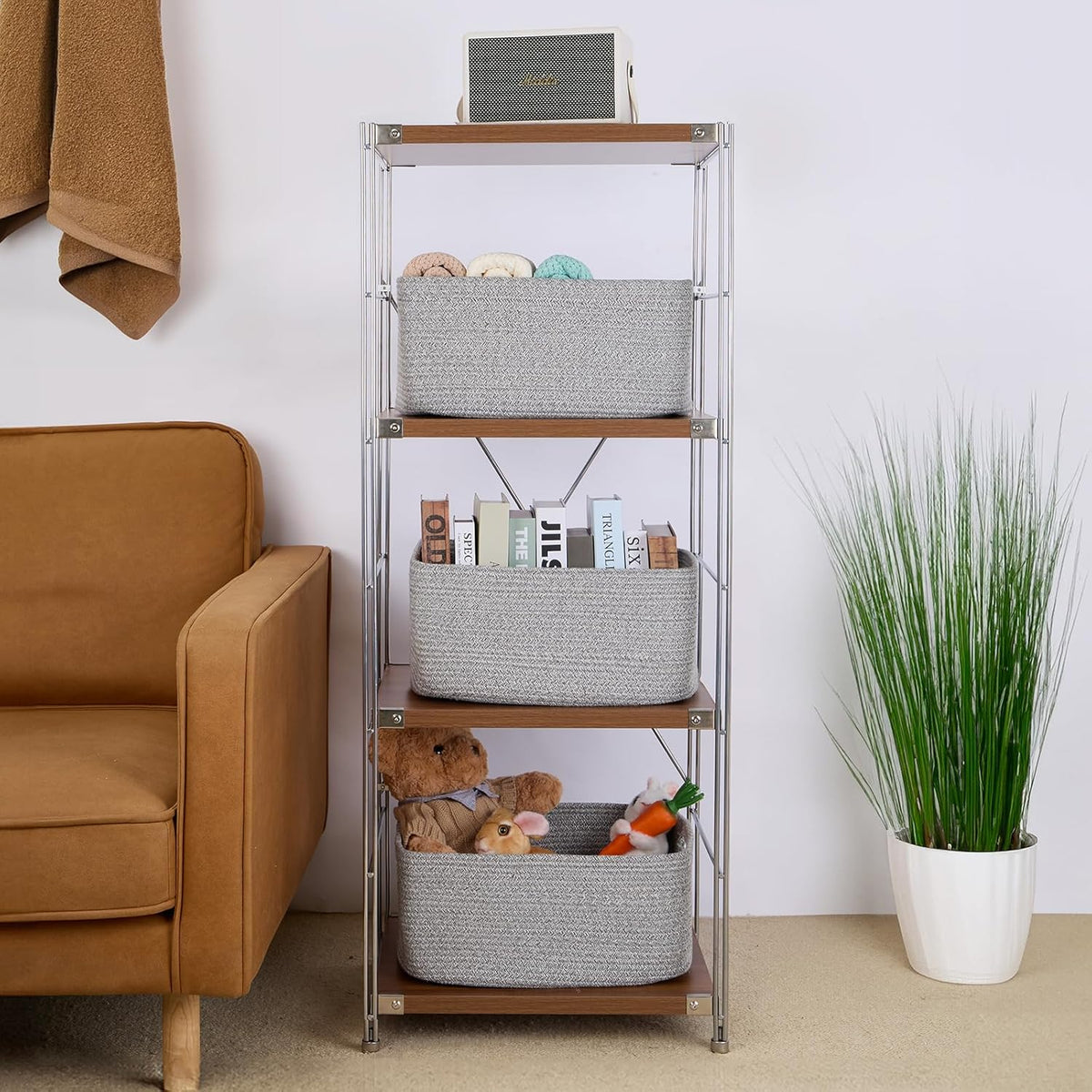 Large Storage Baskets for Shelves, Closet Organizers Bins for Clothes Blanket Towels, Baby Nursery, Toy Baskets Box, Woven Rope Baskets, 17 x 13 x 7.5”, 3 Packs Mixed Grey