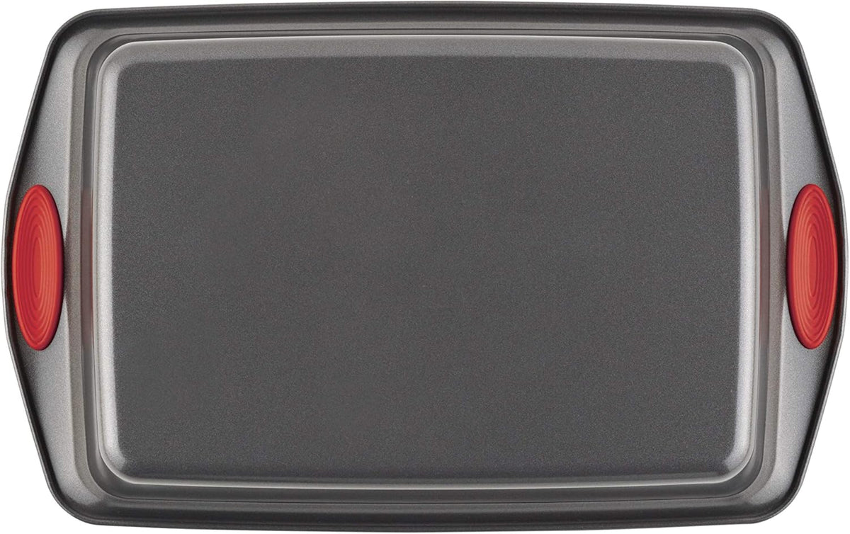 Rachael Ray Yum-o! Nonstick Baking Pan With Grips/ Nonstick Cake Pan with Grips, Rectangle - 9 Inch x 13 Inch, Gray with Red Grips