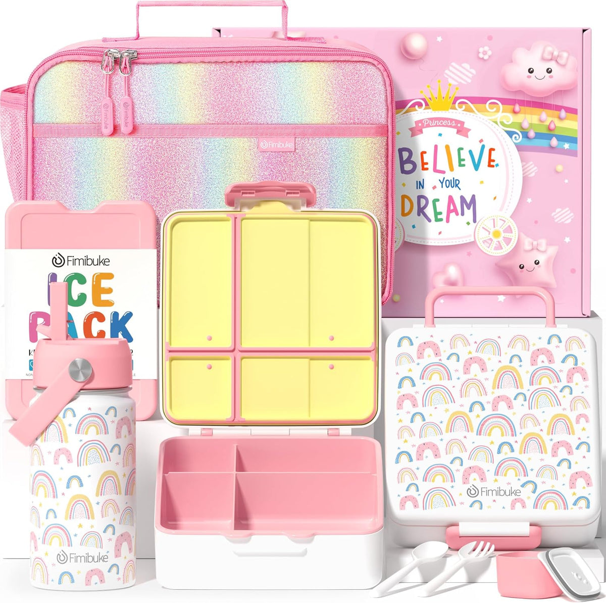 Fimibuke Kids Bento Lunch Box with 4 Compartments, Insulated lunch Bag, Stainless Steel Insulated Water Bottle, Ice Pack & Utensils Set, Birthday Gifts for Ages 3-12 Back to School Toddler Girls Boys