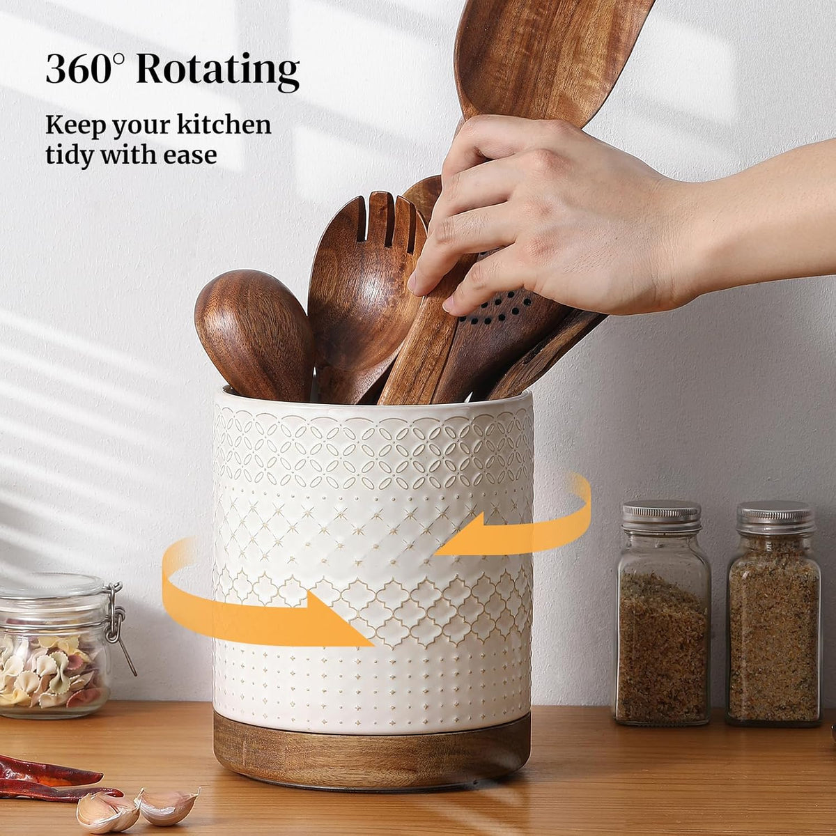 DOWAN 360° Rotating Extra Large Cooking Utensil Holder, 7.6" Kitchen Utensil Holder for Countertop, Utensil Crock for Farmhouse Kitchen Decor, Ceramic Stable Utensil Caddy, White Embossed